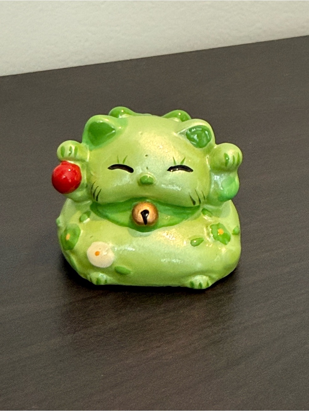 Green Ceramic Lucky Cat Figurine with Bell